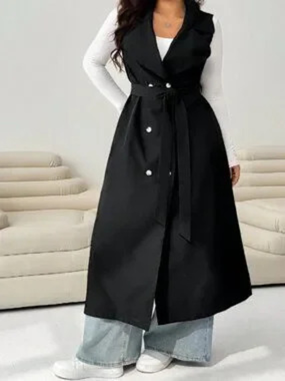 ZARA Black Elegant Women's Sleeveless Double Button Lapel Long Vest